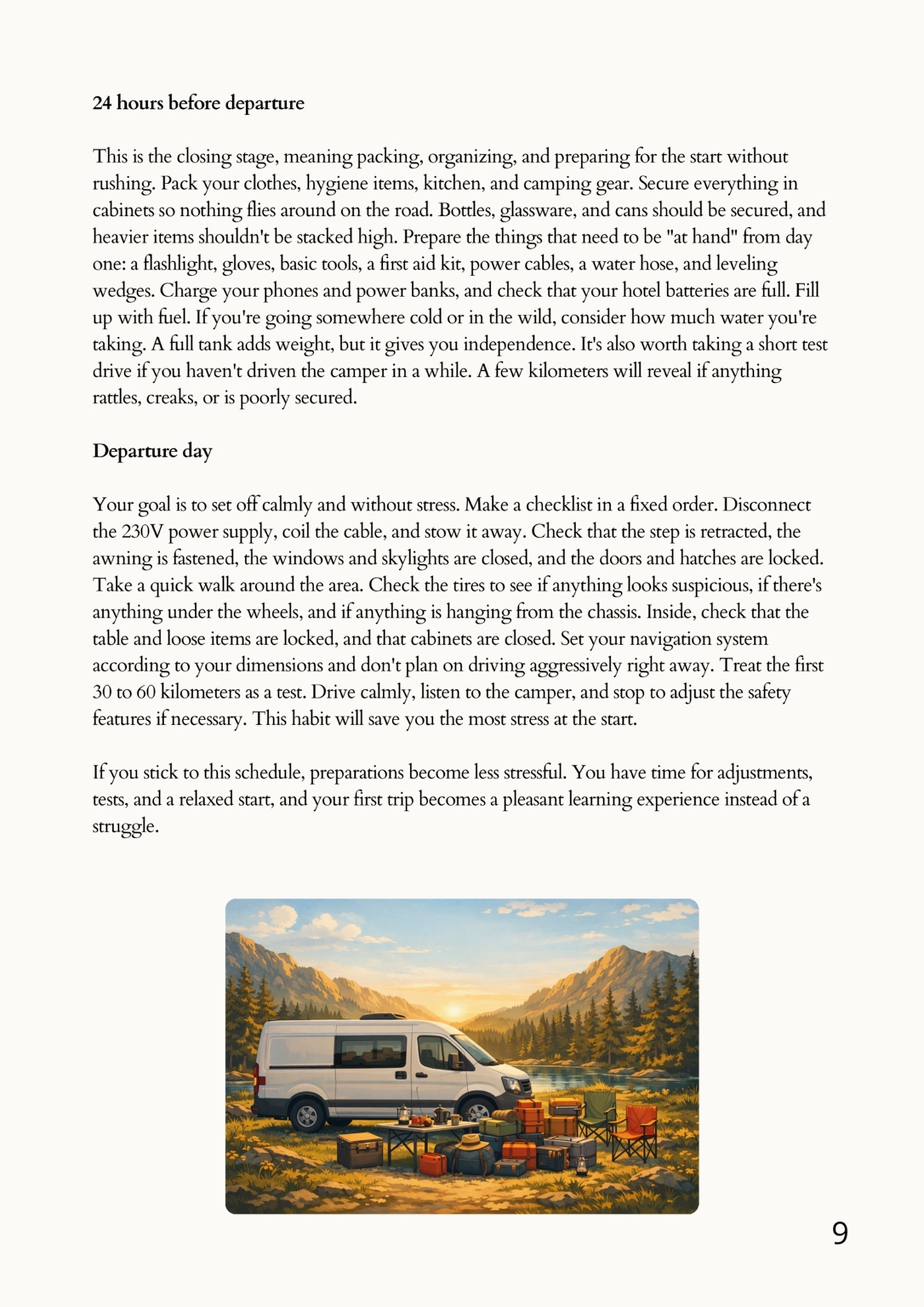 Sample page: 72h / 48h / 24h preparation schedule