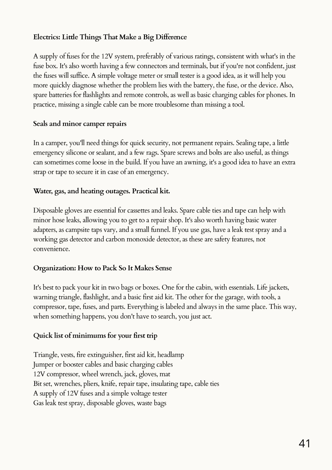 Sample page: Electrics and practical kit